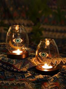 1个/2个装恶魔之眼玻璃烛台，复古透明中式禅意防风灯罩，圆形玻璃烛台，适用于烛光晚餐，禅意风格，卧室装饰，适合家居使用，趣味烛台礼品 - 彩色 - 查看 6