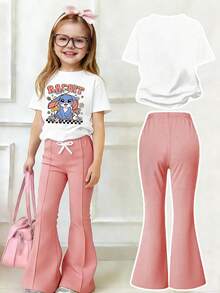 Bộ trang phục thường ngày cho bé gái tuổi teen: áo thun ngắn tay in hình hoạt hình và quần ống loe. - trắng - Xem 2