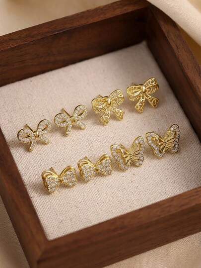 4styles Cute Exquisite Fashion Shiny Copper & Zirconia Bow Bowknot Butterfly Stud Earrings Idea Gift For Kids Girls Family Friends Sister Daughter Classmates For Party Banquet Birthday Vacation Festival Dates Jewelry For Daily Wear