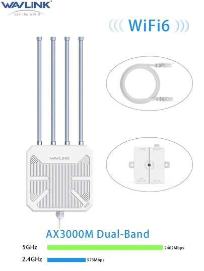 WAVLINK AX3000 WiFi 6 Outdoor Access Point,IP67 Waterproof Mesh Wireless AP/Router/Repeater,4x8dBi Antennas With 15kV Lightning Protection,PoE Powered For Long Range Yard,Garden,Camping