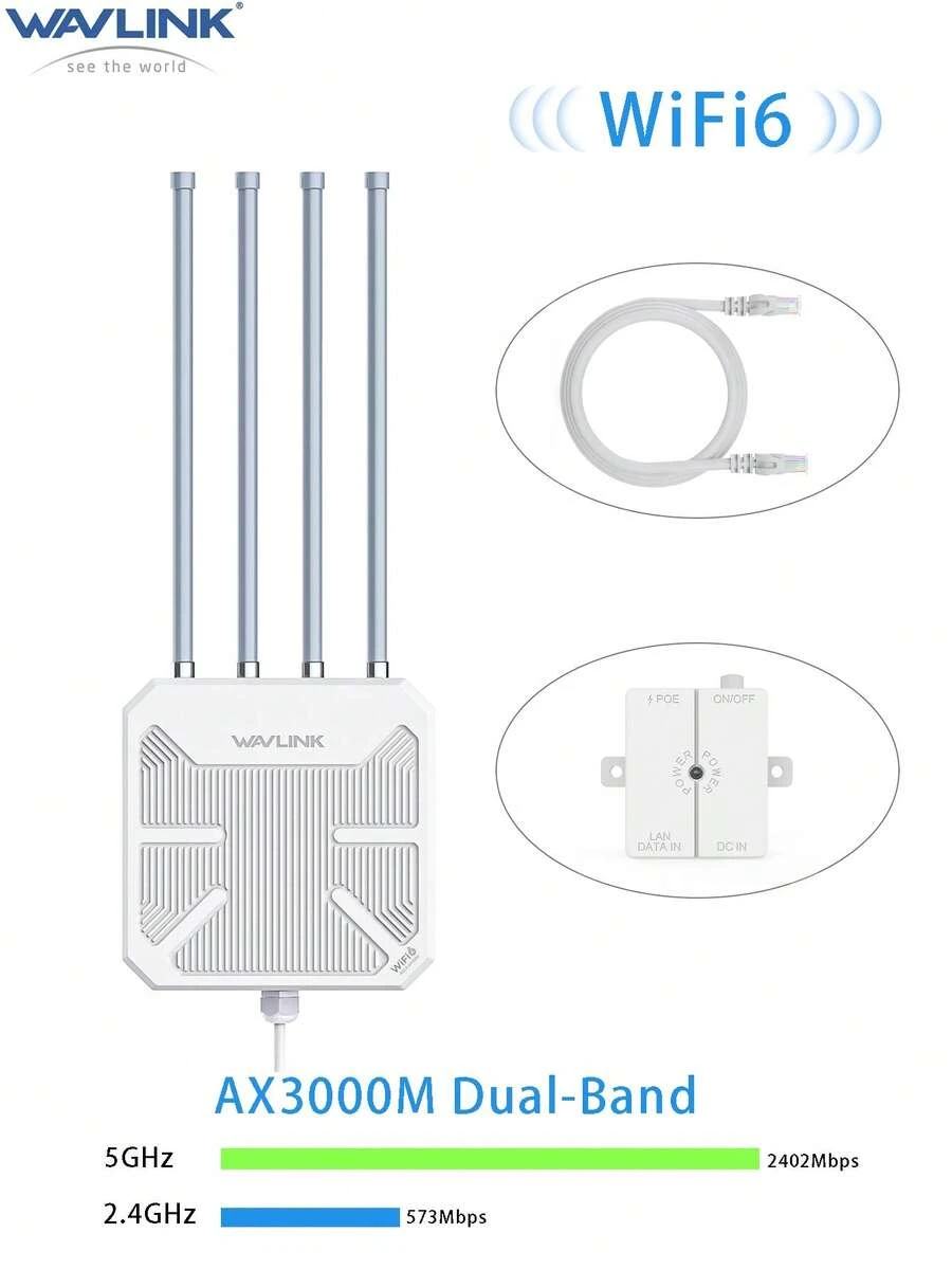 WAVLINK AX3000 WiFi 6 户外无线接入点，IP67 防水网状无线 AP/路由器/中继器，4 根 8dBi 天线，15kV 防雷保护，PoE 供电，适用于庭院、花园、露营等远距离环境。 - 查看 1