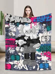 1pc Kawss Kawaii Kaw Anime Glam Style Flannel Blanket Super Soft Warm Bed Blanket Sofa Bedding Bedroom Sofa Office Car Four Seasons Cozy Shaggy Blanket Girls Boys Adult Gift - màu đen - Xem 2