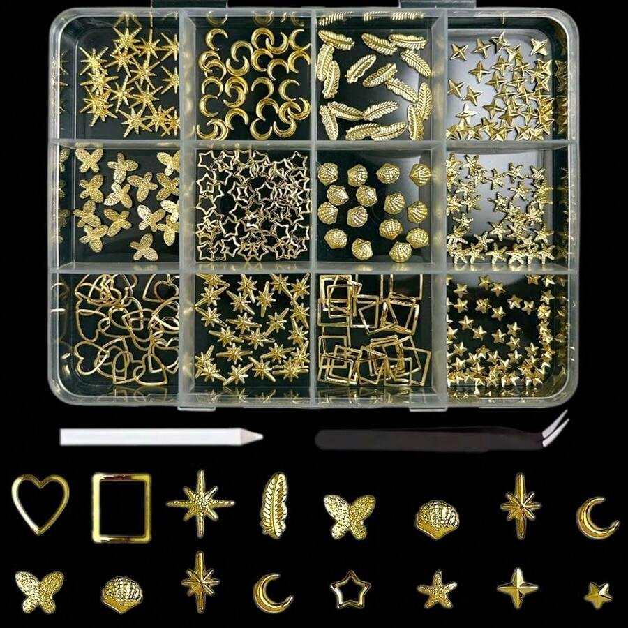 12Girds Gold Star Nail Charms 3D Alloy Starfish Shell Nail Art Charms Moon Hallow Heart Square Nail Studs Butterfly Leaves Nail Charms And Gems Gold Nail Rhinestone For Manicure Supplies DIY - 銅色 - 查看 1