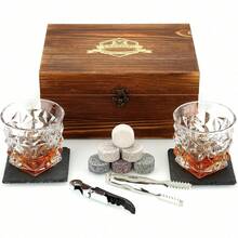 Whiskey Stones Gift Set - Whiskey Glass Set Of 2 - Granite Chilling Whiskey Rocks - Scotch Bourbon Box Set -Father's Day Birthday Gifts For Men Drinking Gift For Dad Him Husband Party Holiday Present LQ02W - Kính đính kim cương + Đá tròn - Xem 1