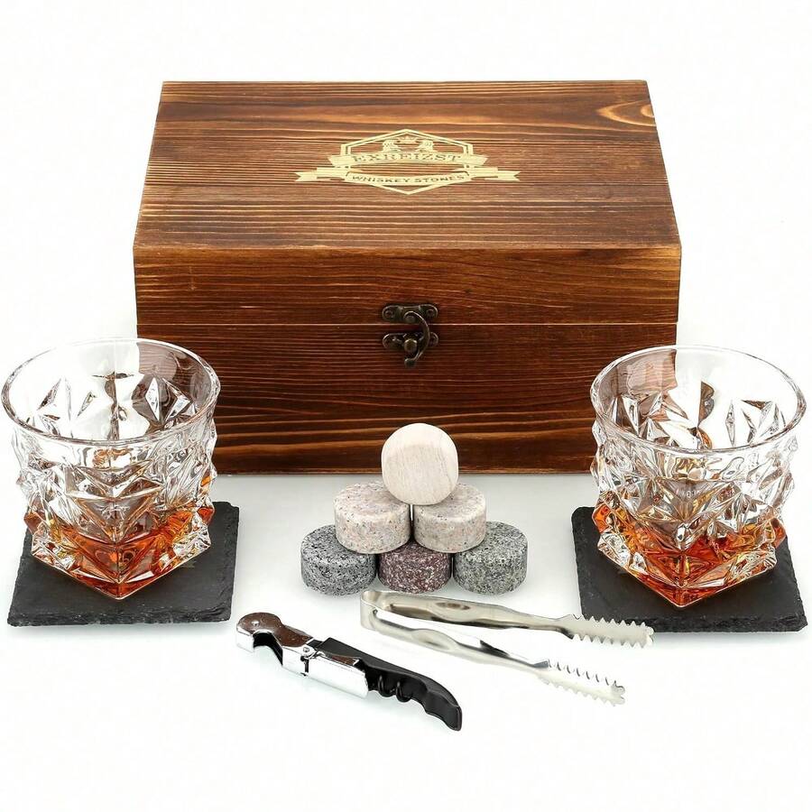 Whiskey Stones Gift Set - Whiskey Glass Set Of 2 - Granite Chilling Whiskey Rocks - Scotch Bourbon Box Set -Father's Day Birthday Gifts For Men Drinking Gift For Dad Him Husband Party Holiday Present LQ02W - Kính đính kim cương + Đá tròn - Xem 1