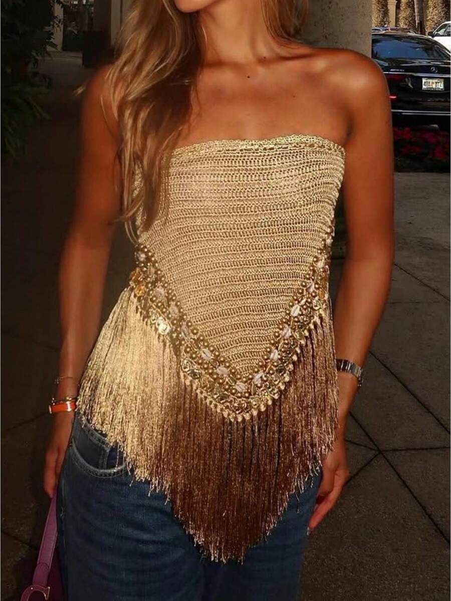 Women's Sequin Tube Tops Sparkly Strapless Sleeveless Bandeau Split Asymmetric Tassels Hem Top Party Clubwear - 金色 - 查看 1