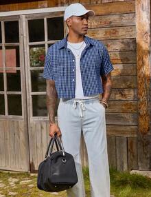 URRU Men's Gingham Cropped Shirt Plaid Shirts Short Sleeve Button Down Shirts Crop Tee Tops - 藍色 - 查看 3