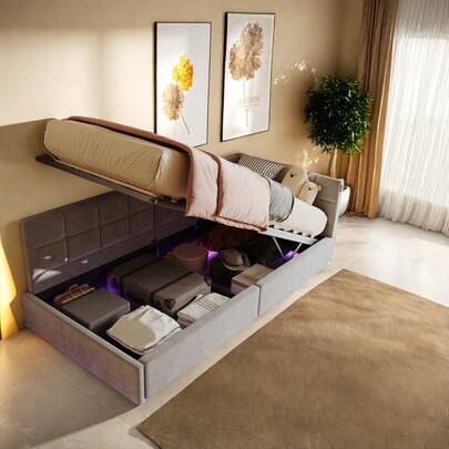 Caluself Sofá, cama tapizada, sofá cama 90 x 200 cm, sofá cama, cama individual, cama individual color crema de terciopelo con mecanismo de elevación hidráulico, cama juvenil con espacio de almacenamiento debajo de la cama