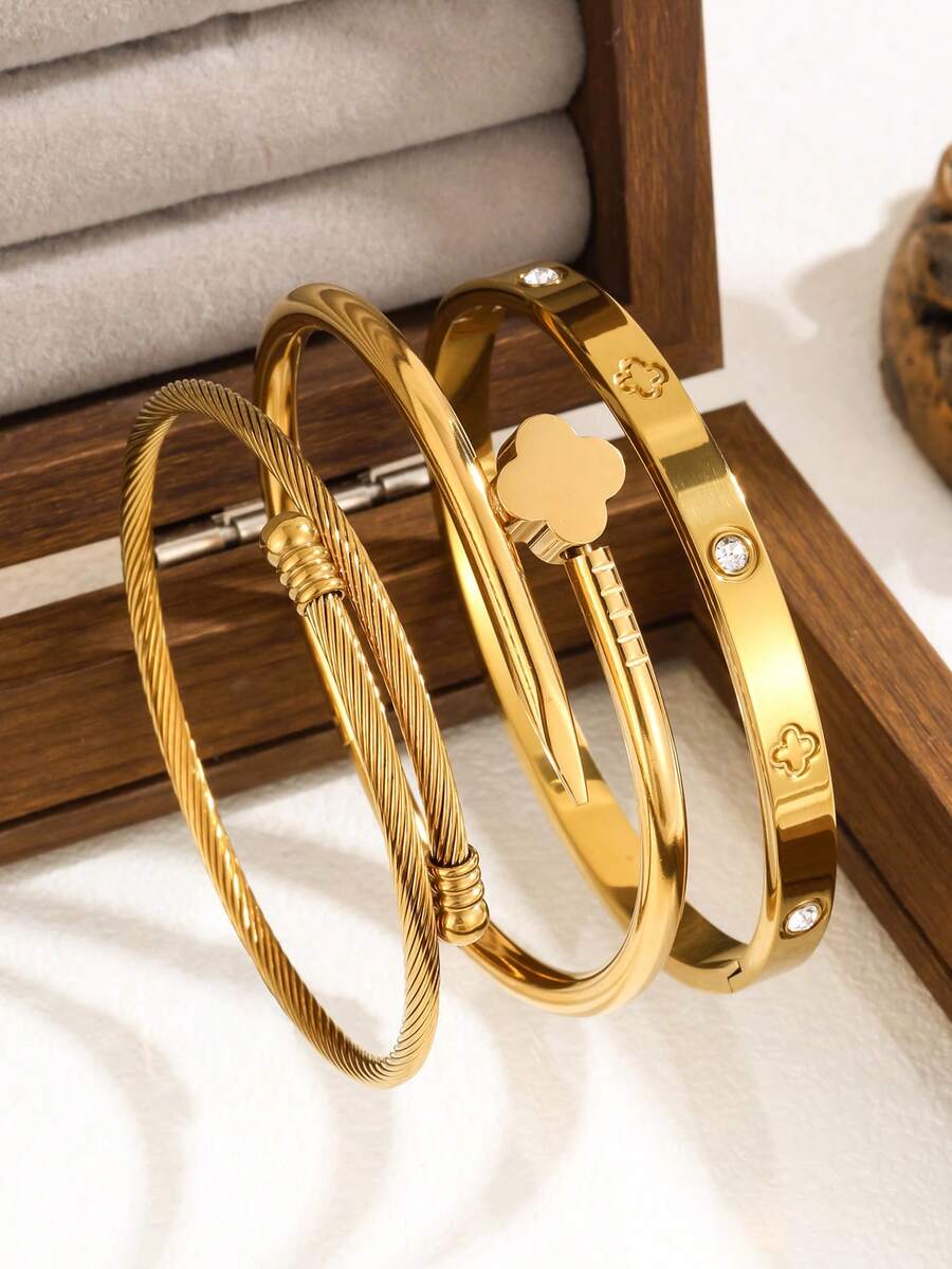 Bộ trang sức vòng tay nữ bằng thép không gỉ cao cấp đính đá Zirconia hình hoa, kiểu dáng thời trang mới, phù hợp để đeo hàng ngày. - Vàng 10 - Xem 1