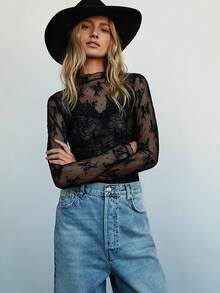 Women's Sheer Lace Mesh Top, Fashionable Slim Fit Long Sleeve Faux Collar Floral Blouse, Casual Outing T-Shirt - màu đen - Xem 6