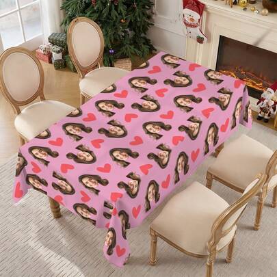 Personalized Face Photo Tablecloth For Valentine's Day, Custom Heart Pattern Rectangle Table Cover, Funny Romantic Gift Waterproof Polyester Fabric For Date Night