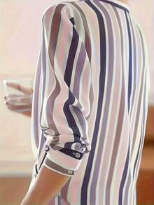 Women's Striped Button Down Shirt Long Sleeve Lapel Collar Blouse Casual Office Work Tops Vintage Style - 紫色 - 查看 4