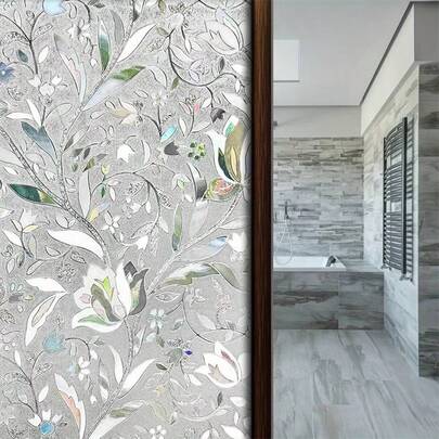 Window Film, Privacy Film, Tulip Window Film, Vibrant Floral Pattern Decorative Window Film, For Privacy Protection, Featuring A Stained Glass Design. Suitable For Bedroom, Living Room, Office, And Home Window Decoration.