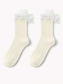 1双日式甜美蕾丝边饰长袜，蝴蝶结系带纯色芭蕾长袜，女士款 - 彩色 - 查看 11