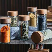 4件套调料罐，日式圆形玻璃调味罐配红木盖，厨房盐和香料收纳容器 - 無色 - 查看 6
