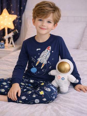 2pcs Boys Planet & Rocket Print Crew Neck Long Sleeve Sweatshirt And Pants Pajama Set, Casual And Comfortable Loungewear