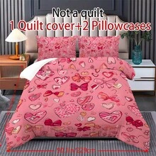 2/3 PCS Valentine's Day Printed Love Heart Bow Tie Bed Cover Set - Three-Piece Set For Sweet And Cool Girl's Bedroom Bed And Bedding (1 Bed Cover + 1/2 Pillowcase Without Pillow Core), Suitable For Teenagers And Adults, Providing All-Season Warmth, Soft And Breathable Lightweight Bed Cover. Suitable For Giving As Gifts On Housewarming, Birthday, Festivals, Etc., As Well As As A Gift Between Boyfriends And Girlfriends.