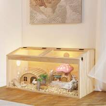 Small Animal Cage With Hinged Lid, Indoor Free-Range Enclosure, Wooden Hamster Cage, Acrylic Window For Visibility, Suitable For Guinea Pigs, Hamsters, Turtles, 80x40.5x40 Cm - Natural Wood Color - View 1