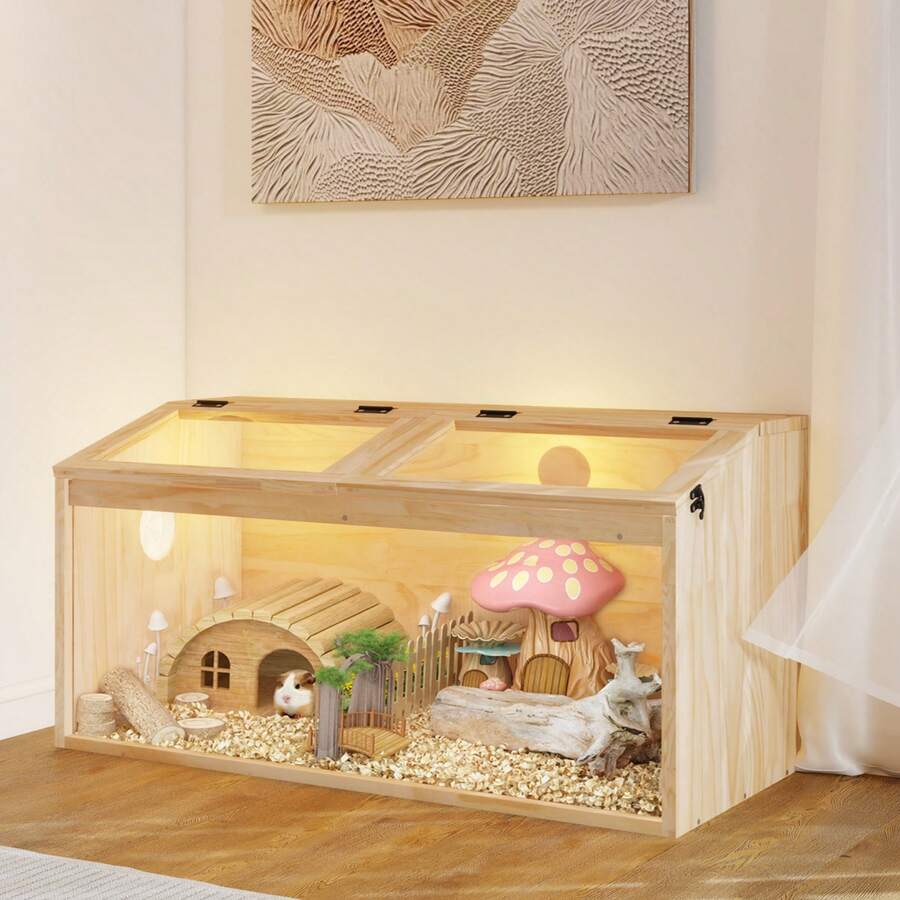 Small Animal Cage With Hinged Lid, Indoor Free-Range Enclosure, Wooden Hamster Cage, Acrylic Window For Visibility, Suitable For Guinea Pigs, Hamsters, Turtles, 80x40.5x40 Cm - Natural Wood Color - View 1
