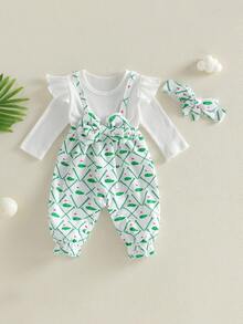 Conjunto de otoño para niña, mono de patchwork con estampado de carrito de golf de manga larga y diadema, ropa para bebé - Verde - Ver 1