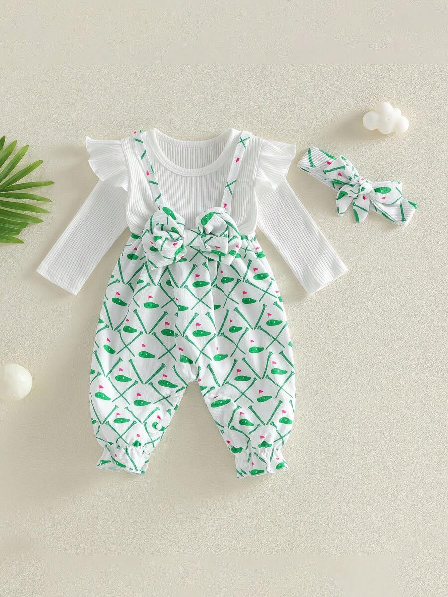 Conjunto de otoño para niña, mono de patchwork con estampado de carrito de golf de manga larga y diadema, ropa para bebé - Verde - Ver 1