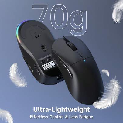 ATTACK SHARK فأرة ألعاب لاسلكية ثلاثية الوضع AJAZZ NJ08، وزن خفيف 70 جرام، 1000 هرتز، متوسطة إلى كبيرة الحجم، إرجونومية للكمبيوتر، 12800 نقطة في البوصة قابلة للتعديل على 6 مستويات، بلوتوث/2.4 جيجا هرتز/USB-C، قابلة للشحن بإضاءة RGB للكمبيوتر المحمول