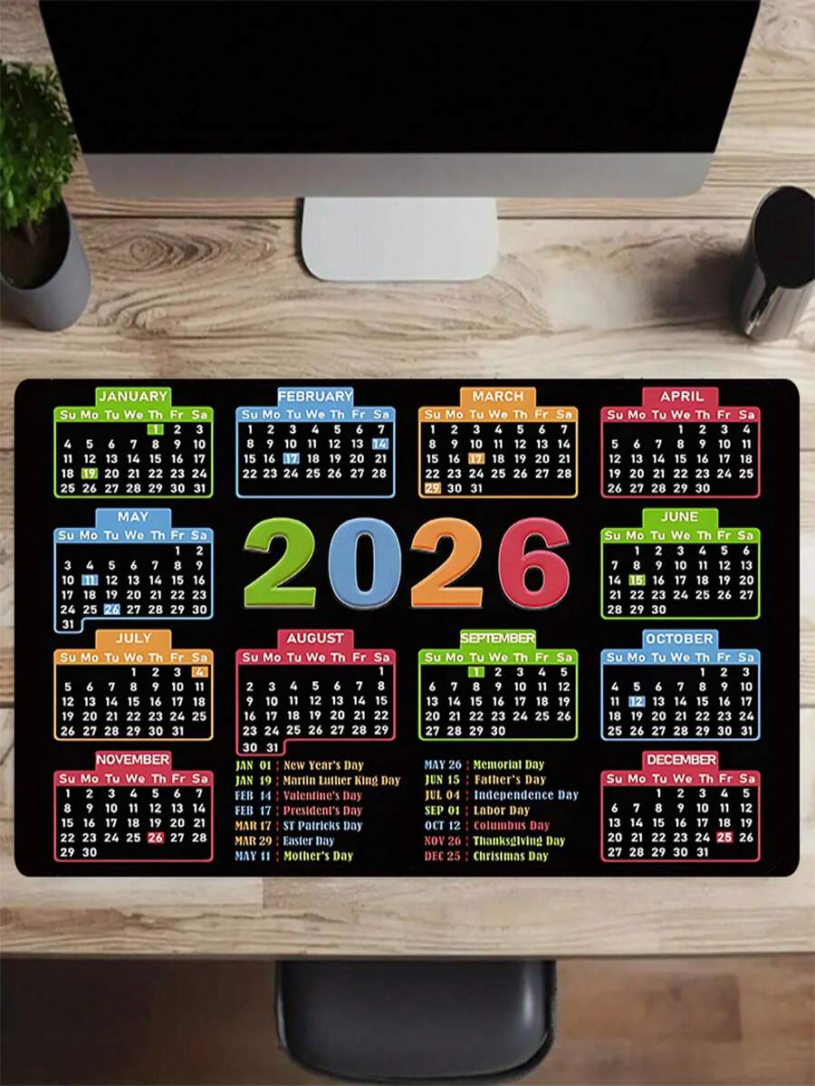 2026年日历鼠标垫 | 大号橡胶防滑游戏键盘垫,适用于笔记本电脑和台式机,也可作为键盘垫、桌面垫或书架使用,适合办公室和宿舍使用,是节日、生日礼物的理想之选,兼容鼠标和轨迹球。 - 彩色 - 查看 1