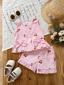 2pcs Baby Girls' Sweet Cute Fashion Street Style Pink Plaid Cherry Print Camisole Top With Bow Decor Matched With Same Color Plaid Shorts Set, Suitable For School And Street Wear - Pink - View 2
