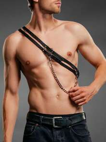 Arnés de pecho de cuero de PU estilo gótico vintage punk a la moda para hombres, con correa cruzada de un solo hombro y correa con cadena. Un accesorio elegante adecuado para uso diario, actuaciones en bares y fiestas. - Negro - Ver 4