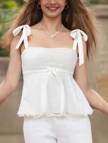 Women's Tie Shoulder Camisole Sleeveless Jacquard Mini Bow Slim Fit Summer Tank Tops - Blanco - Ver 3
