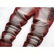 Jeans Elásticos para Hombres Estilo Motociclista - Decoración con Cremallera, Teñido, Slim Fit, Lavado Vintage y Desgastado, Prenda Casual Trendy de Calidad Superior - Burdeos - Ver 6
