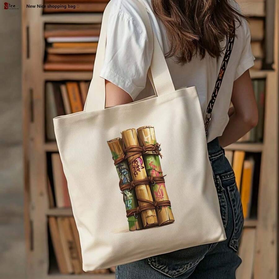 1pc Large Tote Bag With -Inspired & Kanji Print - Reusable Lightweight Canvas Shoulder Bag /, School, Grocery Shopping, Travel, -Themed Events ( Beige, 15.74x13. - A - Xem 1