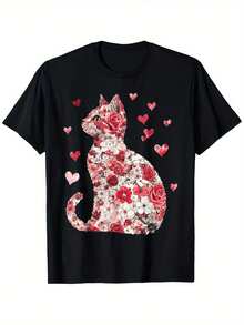 Feliz Día de San Valentín para chicas, camiseta de gato para mujeres, adecuada para hombres y mujeres, camiseta de exterior, 100% algodón, tallas S-XXXL - Negro - Ver 2