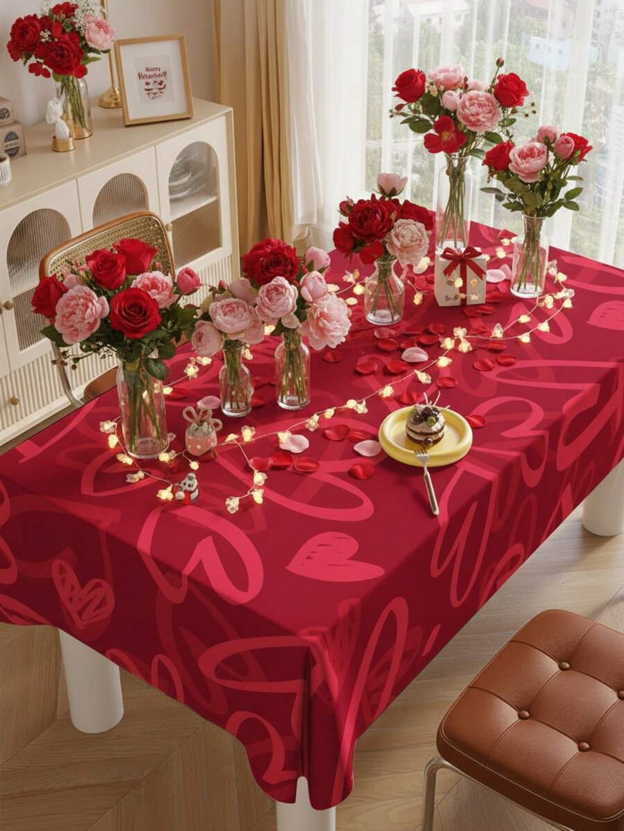 1 Set Pink Ombre Plaid Heart Pattern Valentine's Day Tablecloth Set, Mixed Style Polyester Rectangular Tablecloth With Ombre Heart And Plaid Heart Design - Multicolor - View 1