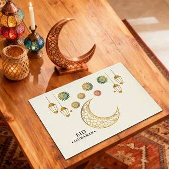 2/4/6 Pcs Ramadan Theme Placemats, Decorated With Golden Crescent Moon And Lantern Patterns, Accented With Fresh Flowers. Suitable For Gatherings, Dining And Holiday Decorations. Size: 30x45 Cm, Applicable For Home Decor, Holiday Table Decor, Farmhouse Holiday Decor, Farmhouse Style Decor, Washable Pad, Durable Material, Holiday Table Decor, And Home Entertainment.