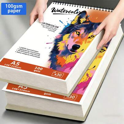 30 páginas Cuaderno de bocetos de acuarela con espiral - Papel de 100 g/m² con textura ligera, cubierta gruesa y de alta calidad con diseño de arte de lobo a color, papel prensado en frío para pintura húmeda, bordes perforados para un fácil desprendimiento, álbum de acuarela de grado artístico, cuaderno de bocetos de arte premium para artistas y estudiantes de arte, bloc de papel de acuarela profesional para pintura creativa y creación de arte