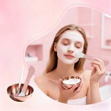 4-24件套美容面膜工具套装，包含不锈钢搅拌碗、托盘、玫瑰金分隔托盘，以及面膜混合和涂抹工具。套装包含3个玫瑰金搅拌碗、1个玫瑰金小托盘、1个分隔托盘、3个硅胶双头搅拌铲、3个扇形面膜刷、9个压缩洁面海绵和3个可调节发圈。适合派对、睡衣派对、SPA、送礼等场合。 - 彩色 - 查看 5