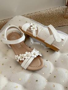 1雙女童花卉珍珠裝飾平底露趾公主涼鞋，適合夏季出遊與日常穿著 - 米色 - 查看 6