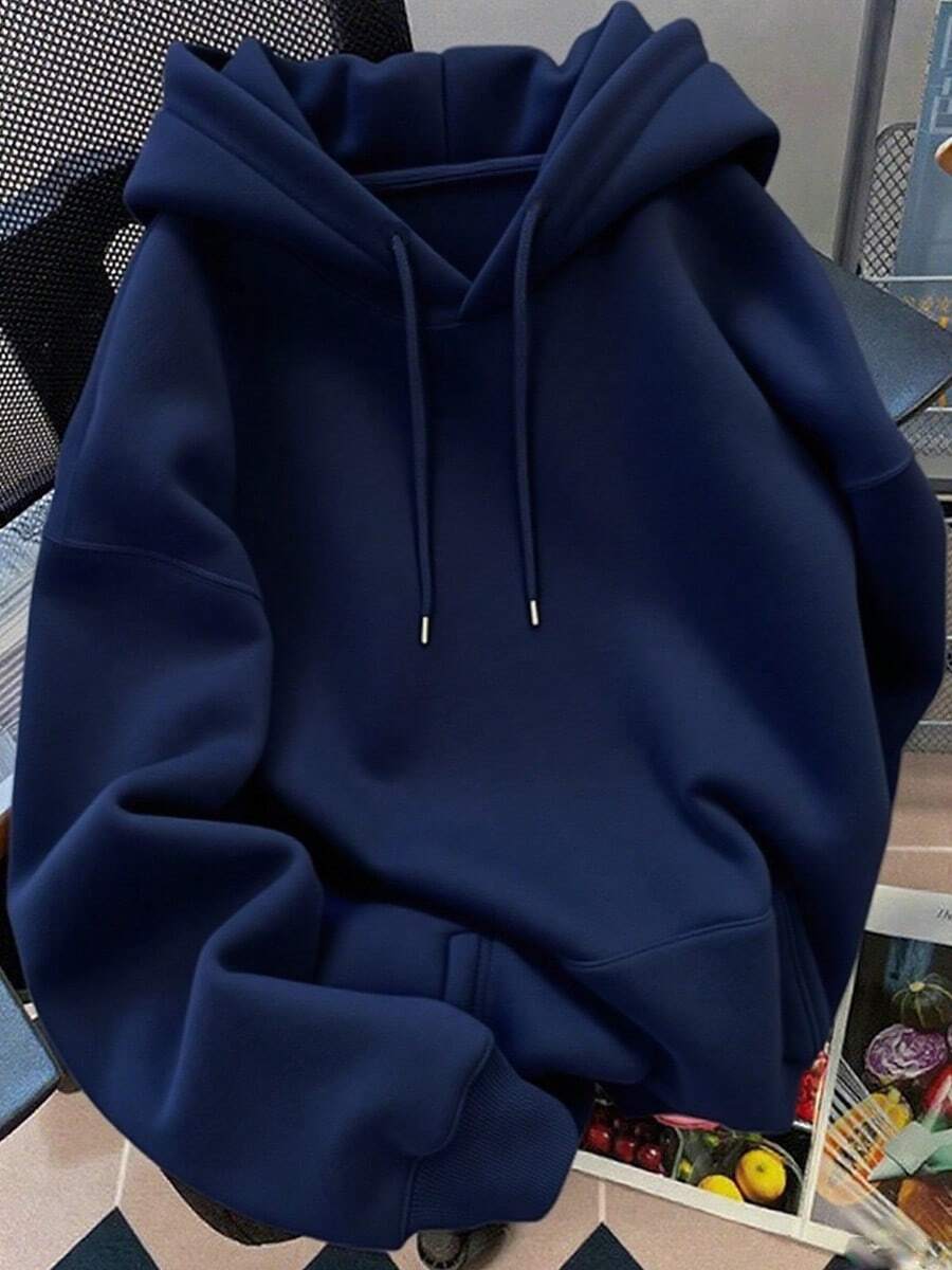 Ropa de mujer Sudadera con capucha de color sólido, nueva, de corte holgado, cómoda, versátil y básica - Azul Marino - Ver 1