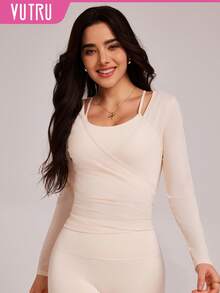 VUTRU 二合一可拆卸网眼长袖运动罩衫，瑜伽普拉提运动服上衣 - 杏色 - 查看 1