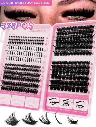 378/414/468 piezas Conjunto de pestañas individuales de alto rendimiento con rizo D, incluye pestañas inferiores + pestañas gruesas con estilo de dibujos animados puntiagudos + 60D + 150D + 200D 5 estilos, densas pero ligeras, suaves y cómodas, adecuadas para festivales, fiestas, Halloween, Navidad, maquillaje de ojos de gato, uso doméstico DIY