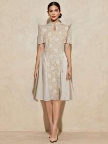 1 chiếc đầm midi tay cánh bướm kiểu Filipiniana, chất liệu jacquard, thanh lịch, cài cúc, thích hợp cho các kỳ nghỉ, tiệc tùng, hẹn hò, mùa xuân/hè. - Rượu sâm banh - Xem 4