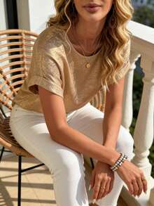 Women's Fashionable Loose Fit Short Sleeve Round Neck Gold Polyester T-Shirt, Casual Wear - Gold - View 6