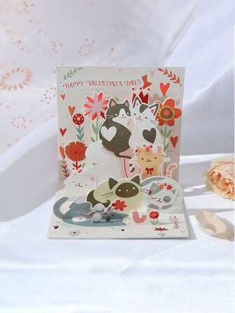 1 st. nytt katt alla hjärtans dag 3D popup-hälsningskort, söta element, romantisk hjärtdesign, husdjurstema, högtidsgåva, årsdag, alla hjärtans dag-kort, med kuvert, individuellt förpackad