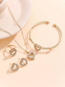 5pcs Heart-Shaped Diamond Jewelry Set, Including Necklace, Bracelet, Ring And Earrings, Suitable For Girls, Minimalist And Elegant Design, Suitable For Daily Wear Or Gift Giving, Also Suitable For Thanksgiving, Back To School And Graduation Seasons
