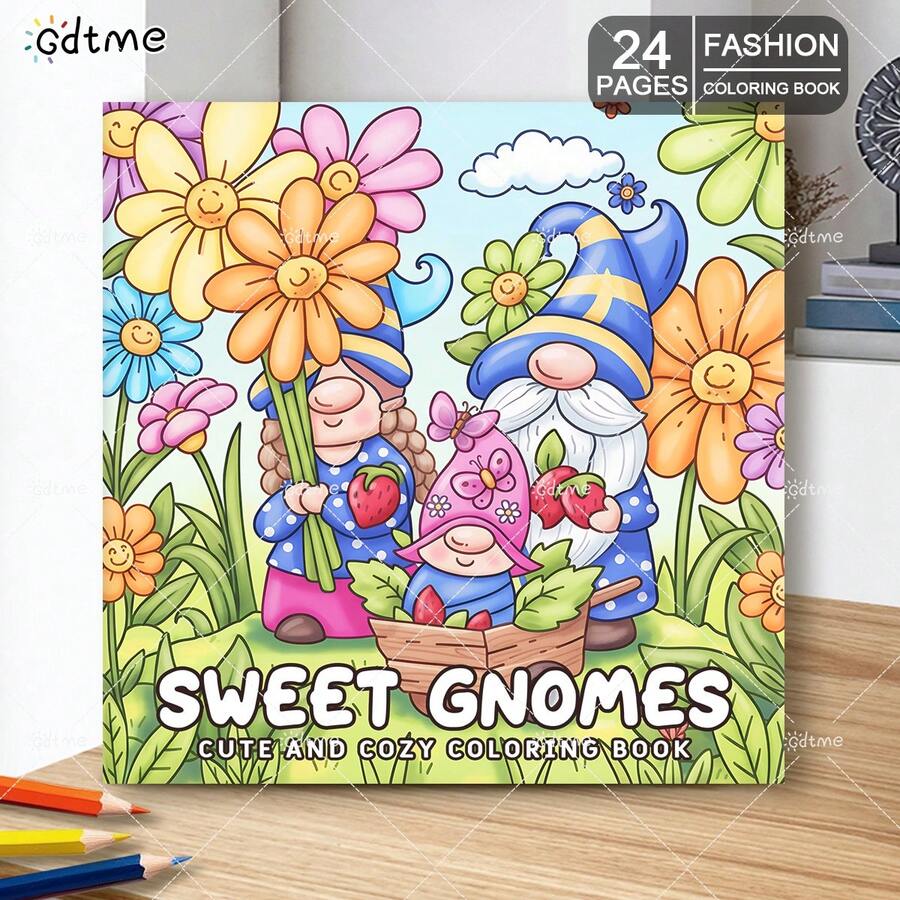 GDTME 1本儿童涂色书，《可爱的小矮人》主题涂色书，包含各种可爱有趣的小矮人生活场景，是一本轻松有趣的涂色书，适合开学、斋月、复活节、万圣节、圣诞节和其他节日聚会，也是完美的生日礼物、新年派对礼物、趣味礼物，以及与家人朋友一起进行的创意休闲活动，封面设计精美，插图细致。