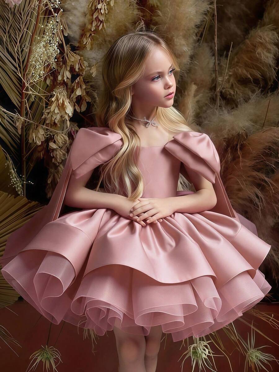 Young Girl Pink Bow Tulle Elegant Party Dress, Princess Dress Suitable For Girls Birthday Party, Wedding Flower Girl, Prom, Luxury Evening Gown, Easter, Graduation - Pink - View 1