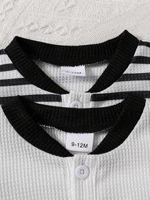2pcs/Set Baby Boys' Black & White Striped Waffle Knit Bodysuit With Bear Embroidery, Casual & Breathable Summer Infant Bodysuit Set - Multicolor - View 3