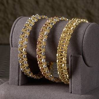 Set de 2 piezas de pulsera y anillo elástico con perlas y cuentas de cobre facetadas en forma de V chapado en oro, para uso diario y de fiesta de mujeres