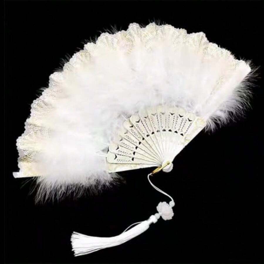 NIIIYTYB Feather Fan White Foldable Handheld Flapper Fan With Feathers 1920s Vintage Embroidered Flower Folding Fan For Women Costume Party Wedding Dancing Decoration Chinese Hand Fan#Rad - như hình - Xem 1